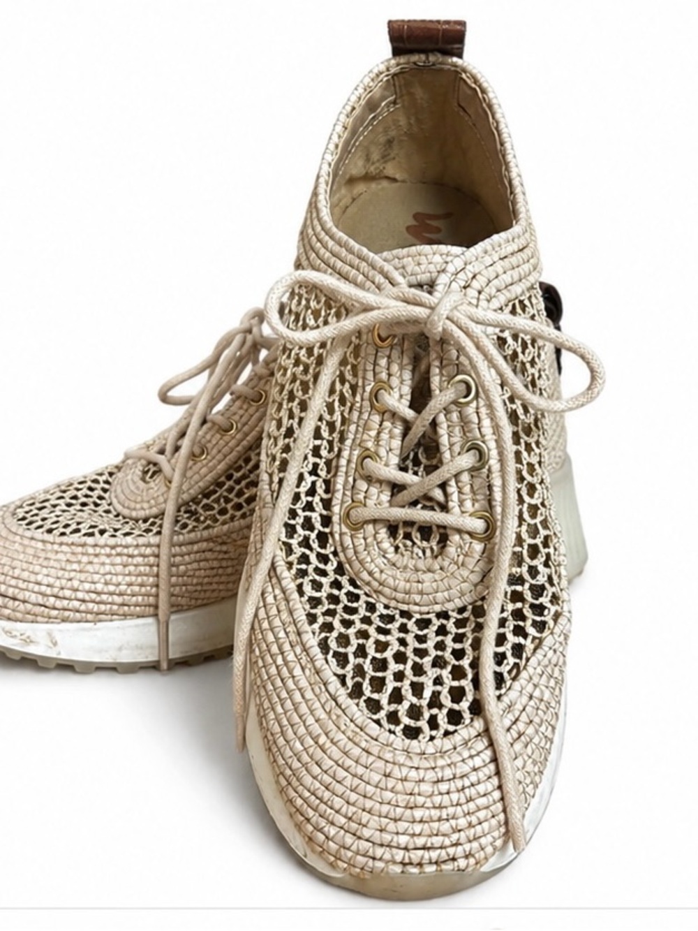 Sam Edelman Woven Mesh Platform Sneakers Beige Lace-Up Women